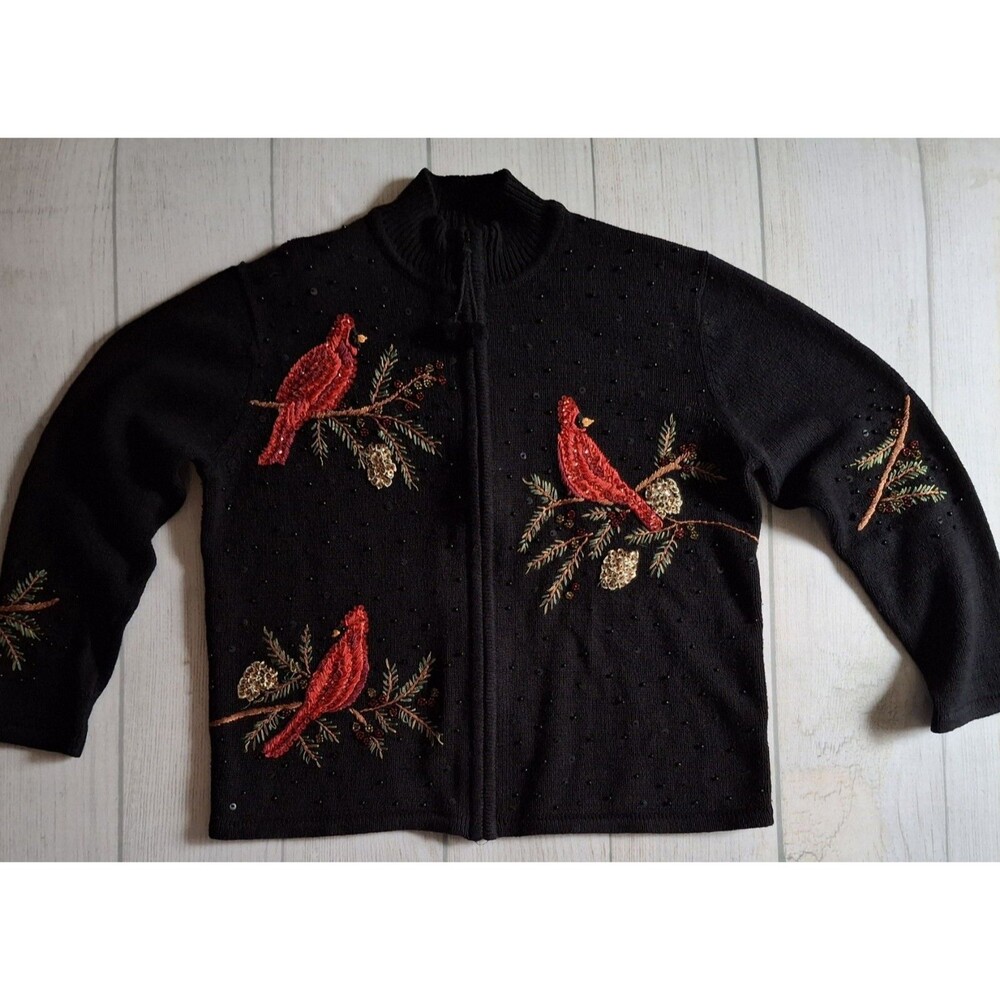 Vtg Heirloom Collectables Cardinals Zip Cardigan Sweater M granny,cottagecore